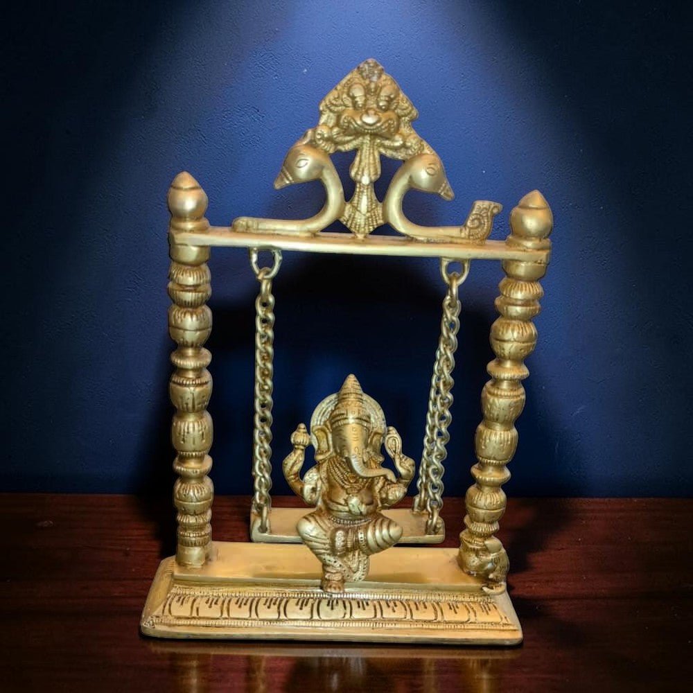 ROYALSTUFFS Ganesha on Swing Statue Idol Brass Height ( 10 Inch) - Royalstuffs.com