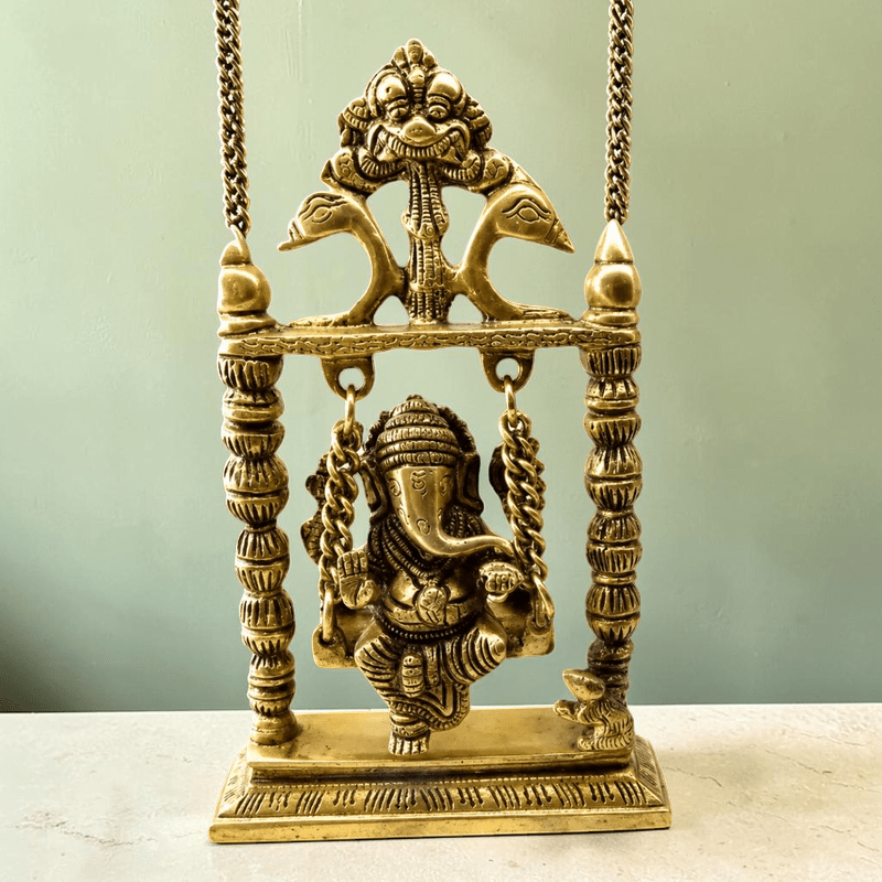 ROYALSTUFFS Ganesha on Swing Statue Idol Brass Height ( 8 Inch) - Royalstuffs.com