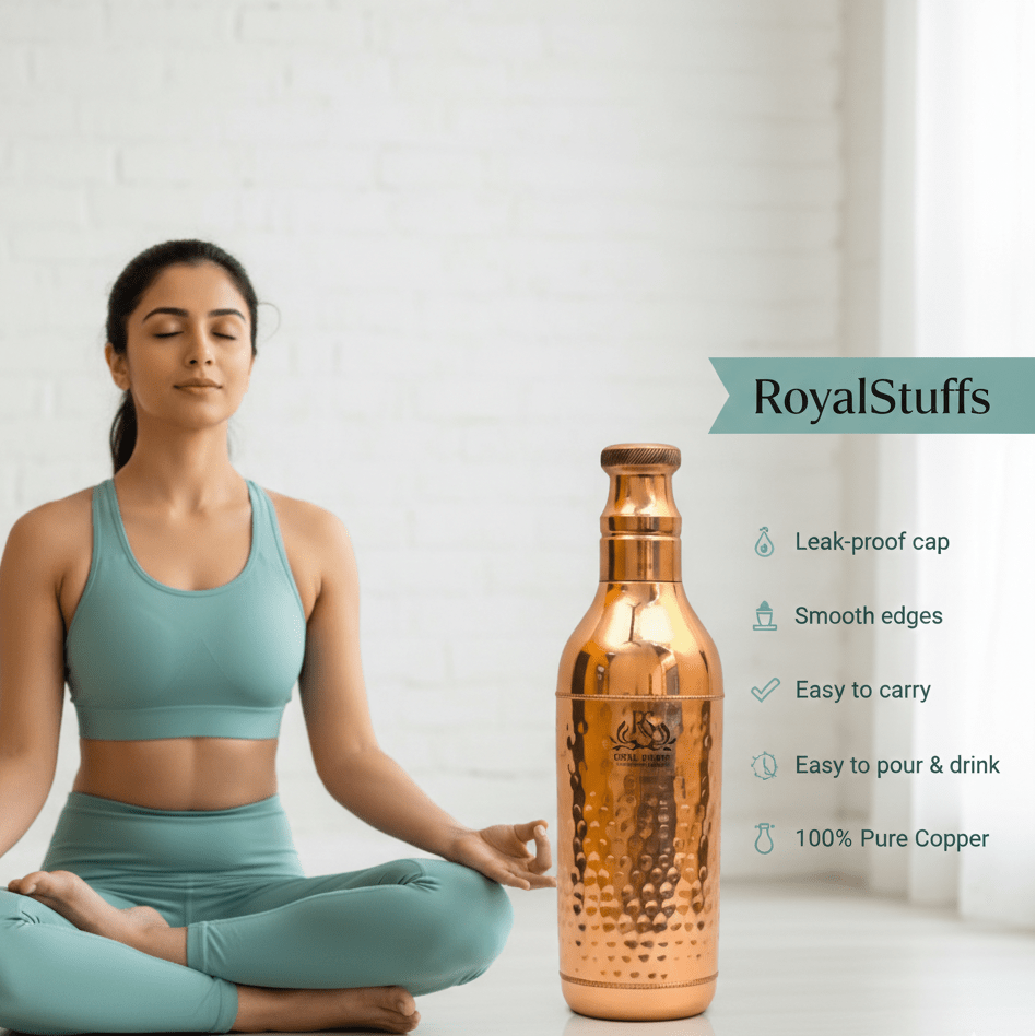 Handcrafted Hammered Copper Water Bottle 1200 ML | Leak Proof Champagne Shape Design - Royalstuffs.com