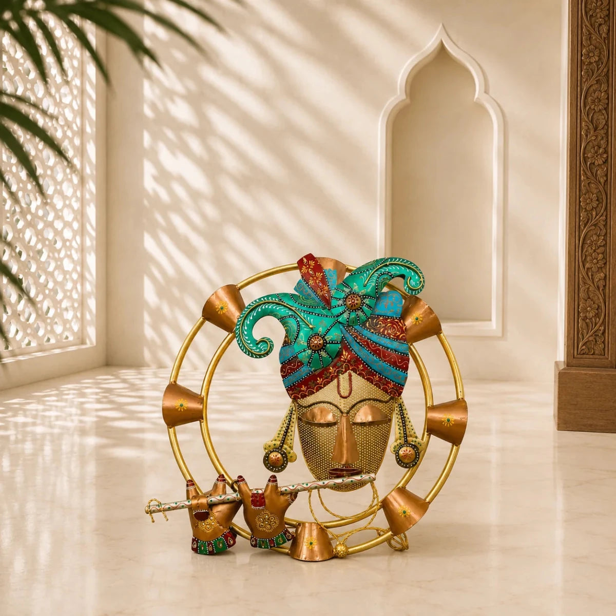ROYALSTUFFS Krishna Playing Flute With Inbuilt LED Light Decorative Metal Wall Hangings With Light For Wall Décor – Round Iron Metal Wall Hanging For Home Decoration and Café Decoration - Royalstuffs.com