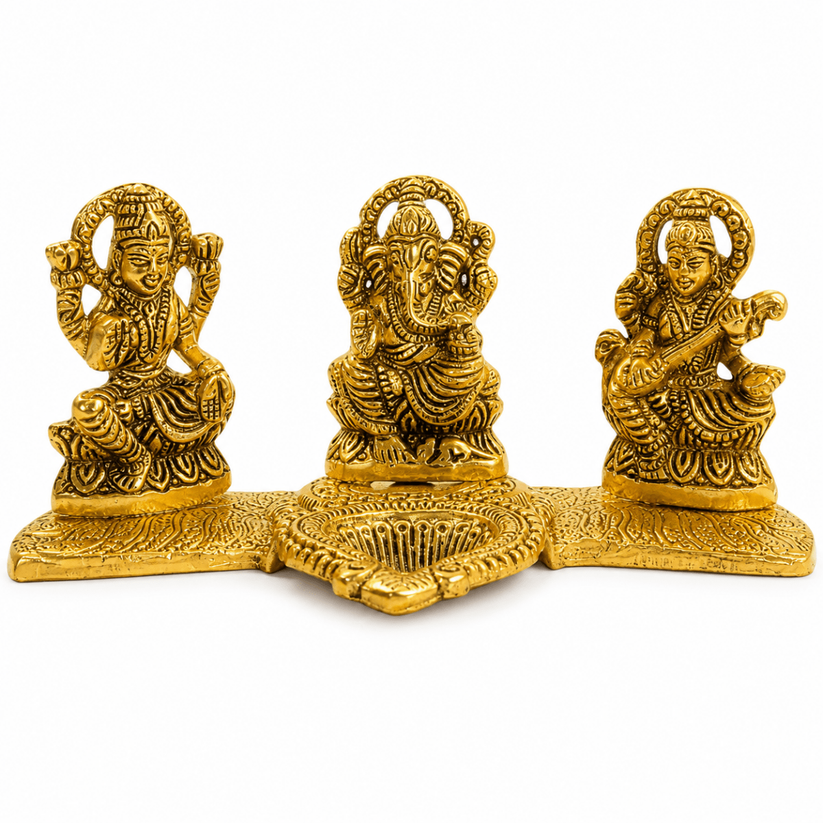 ROYALSTUFFS Laxmi Ganesha Saraswati with Diya for Pooja Gold Color Plated Decorative Showpiece - Royalstuffs.com