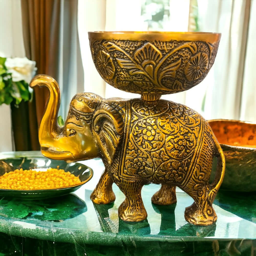 ROYALSTUFFS Metal Elephant Dry Fruit Bowl Showpiece Gold Polish for Your Home,Office Table & Gift Article,Animal Decorative Showpiece Figurines (640 Gram) - Royalstuffs.com