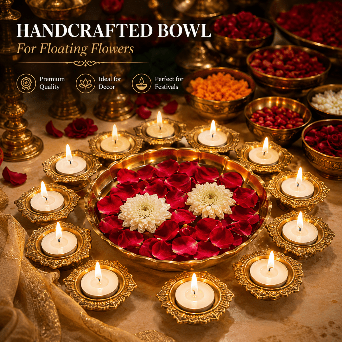 ROYALSTUFFS Metal Urli with Diyas Iron 13 - Cup Candle Holder (Gold, Pack of 1) - Royalstuffs.com
