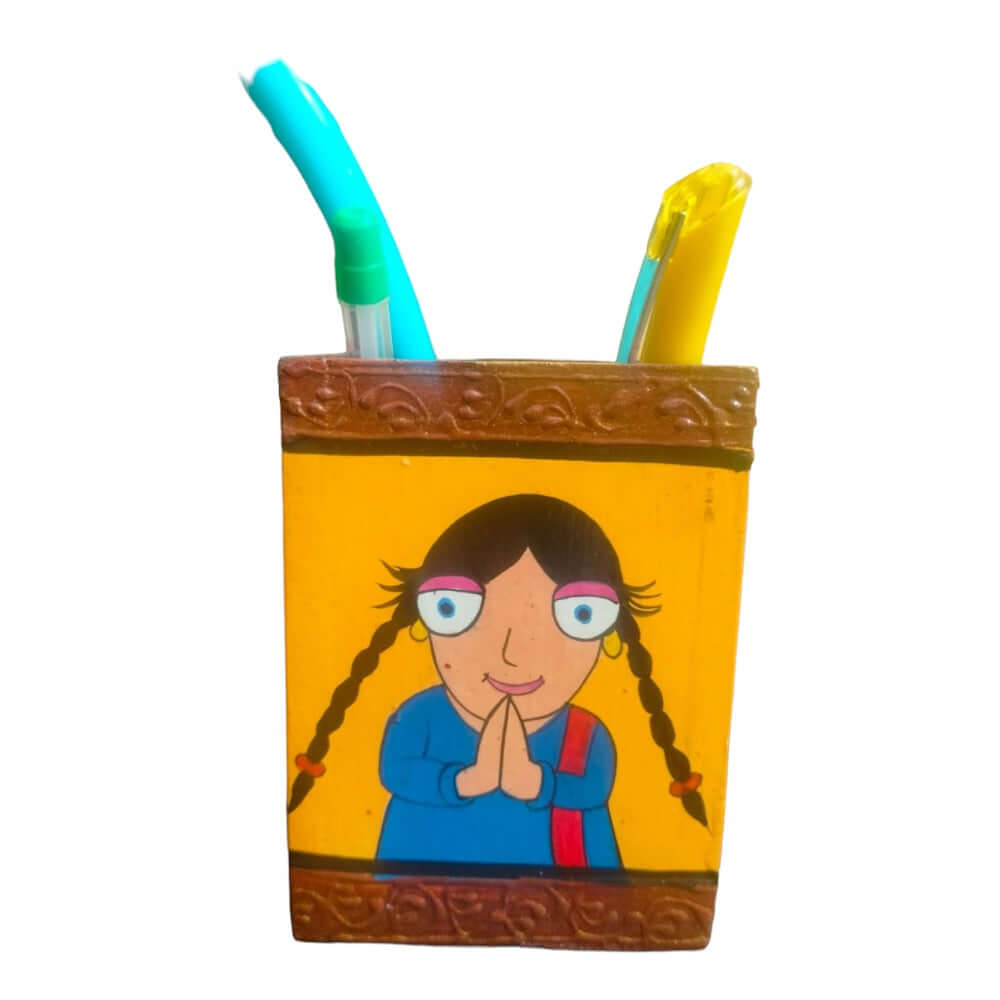 ROYALSTUFFS Namaste Design Wooden Pen Stand/Multipurpose Stand/Spoon Holder/Kitchen Utility with Artistic Painting on it, 4.1 Inch - Royalstuffs.com