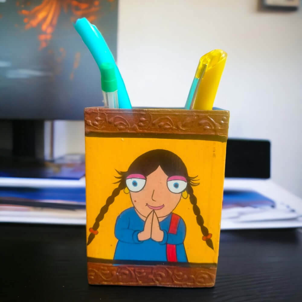 ROYALSTUFFS Namaste Design Wooden Pen Stand/Multipurpose Stand/Spoon Holder/Kitchen Utility with Artistic Painting on it, 4.1 Inch - Royalstuffs.com