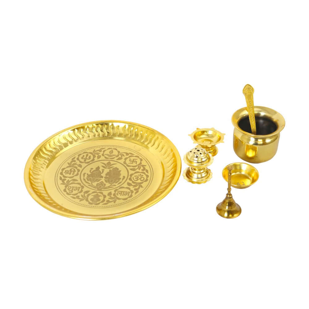 ROYALSTUFFS Pooja Thali Set, Bhagwan Ganesha & Mata Lakshmi Design, Gold Plated Decorative - 8.5 Inch,Pack of 7 with box - Royalstuffs.com