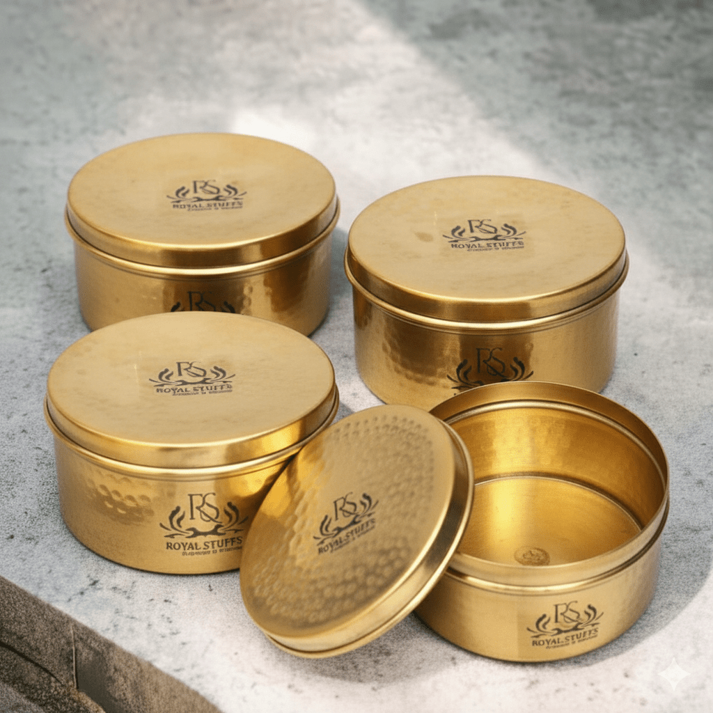 ROYALSTUFFS Pure Brass Gold Hammered Laddu Box,Lunch Box,Storage Box Set Of - 4 - Royalstuffs.com