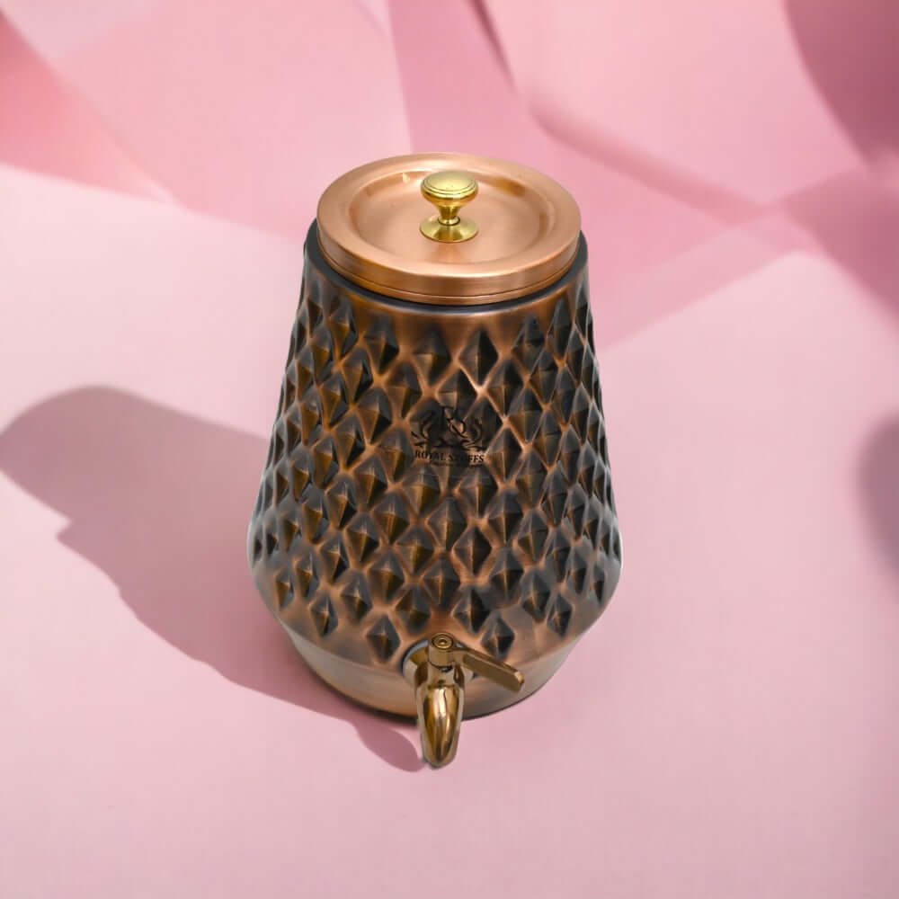 Angled View of 8 Litre Pure Copper Matka Water Dispenser with Brass Tap for Home and Office Use
