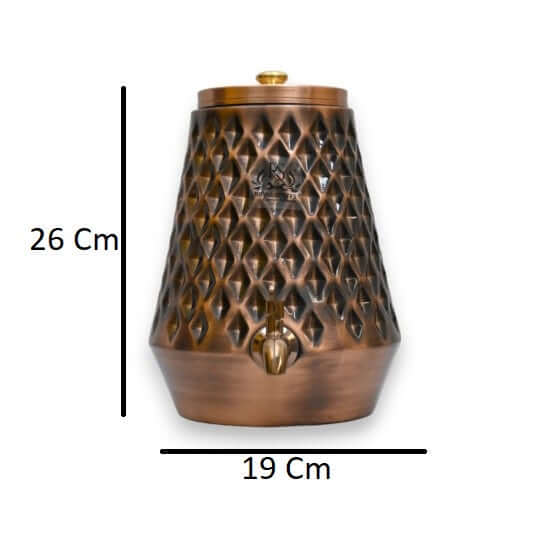 8 Litre Pure Copper Matka Water Dispenser Showing Product Dimensions with Brass Tap and Diamond Design
