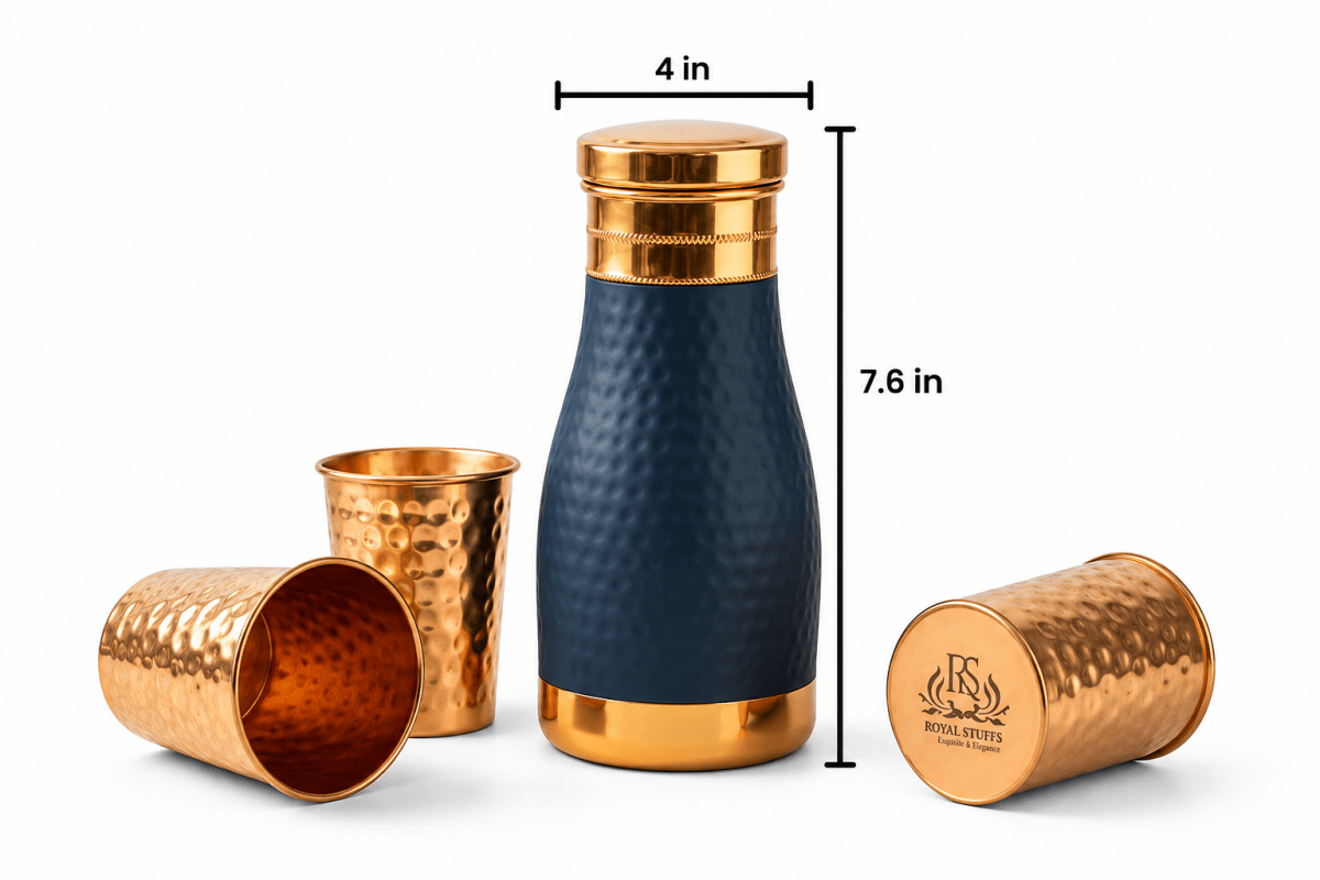 ROYALSTUFFS Pure Copper Bedside Water Carafe |Premium Quality Copper Bottle with 4 Hammered Glasses Tumbler for Water| Leak Proof | Ayurvedic Health Benefits -1000 ml - Royalstuffs.com
