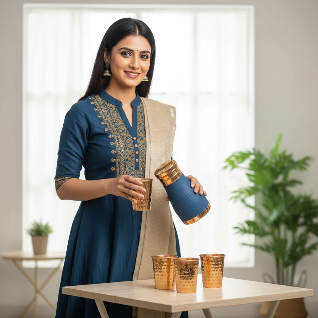 ROYALSTUFFS Pure Copper Bedside Water Carafe |Premium Quality Copper Bottle with 4 Hammered Glasses Tumbler for Water| Leak Proof | Ayurvedic Health Benefits -1000 ml - Royalstuffs.com