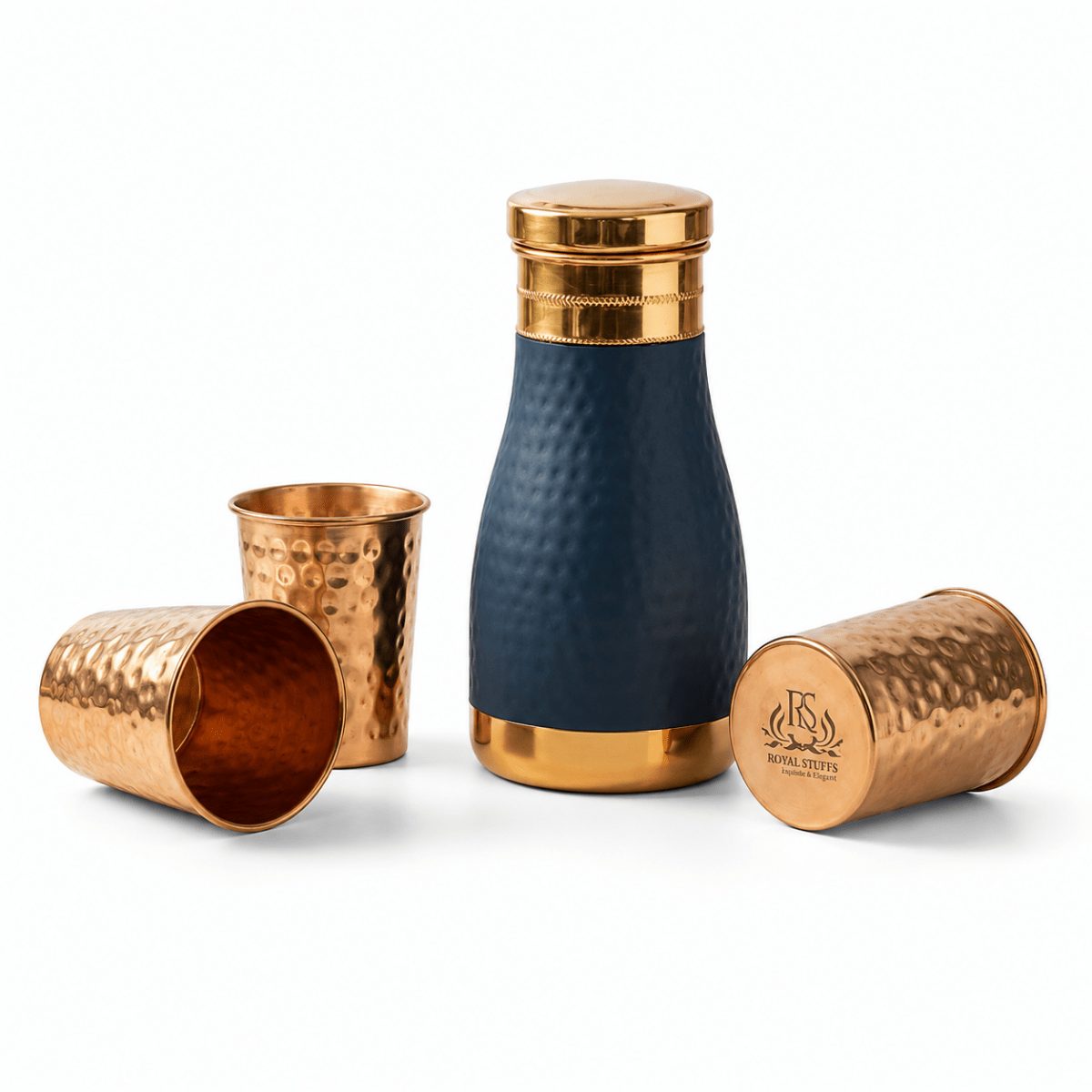 ROYALSTUFFS Pure Copper Bedside Water Carafe |Premium Quality Copper Bottle with 4 Hammered Glasses Tumbler for Water| Leak Proof | Ayurvedic Health Benefits -1000 ml - Royalstuffs.com