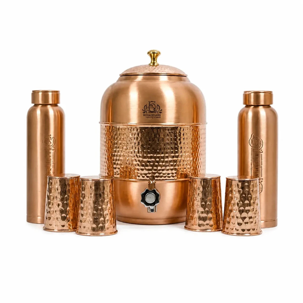 ROYALSTUFFS Pure copper Drinkware Water Dispenser Hammered Finish- Ayurveda Health Healing 8 Liter Storage Container Tank with Set of 2 Tumbler Glasses and 1 copper Bottle - Royalstuffs.com
