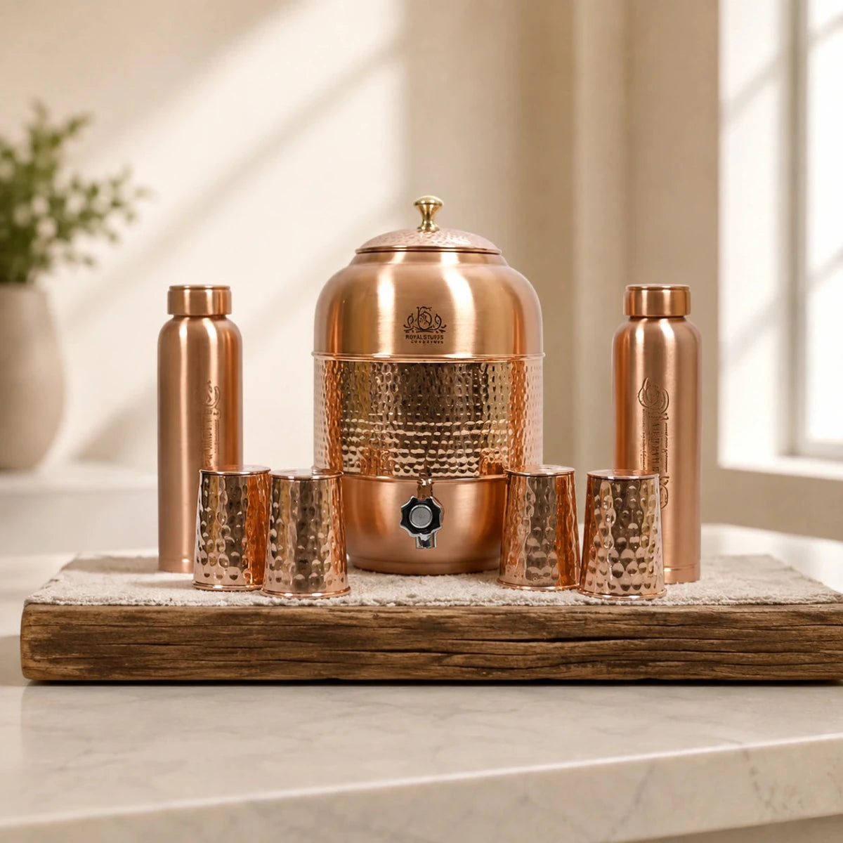ROYALSTUFFS Pure copper Drinkware Water Dispenser Hammered Finish- Ayurveda Health Healing 8 Liter Storage Container Tank with Set of 2 Tumbler Glasses and 1 copper Bottle - Royalstuffs.com