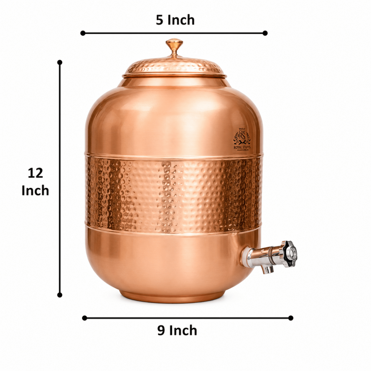 ROYALSTUFFS Pure copper Drinkware Water Dispenser Hammered Finish- Ayurveda Health Healing 8 Liter Storage Container Tank with Set of 2 Tumbler Glasses and 1 copper Bottle - Royalstuffs.com