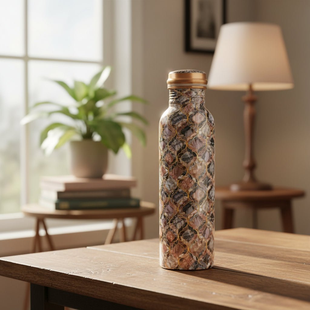 ROYALSTUFFS Pure Copper Vessel Leak Proof Ayurvedic Drinkware Designer Meena Printed Water Bottle (1000ML) - Royalstuffs.com