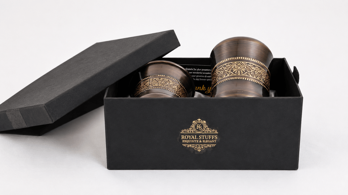 ROYALSTUFFS Pure Copper Water Glass Set of 2 Brown Antique Engraved Tumbler Capacity 300ML With Box - Royalstuffs.com