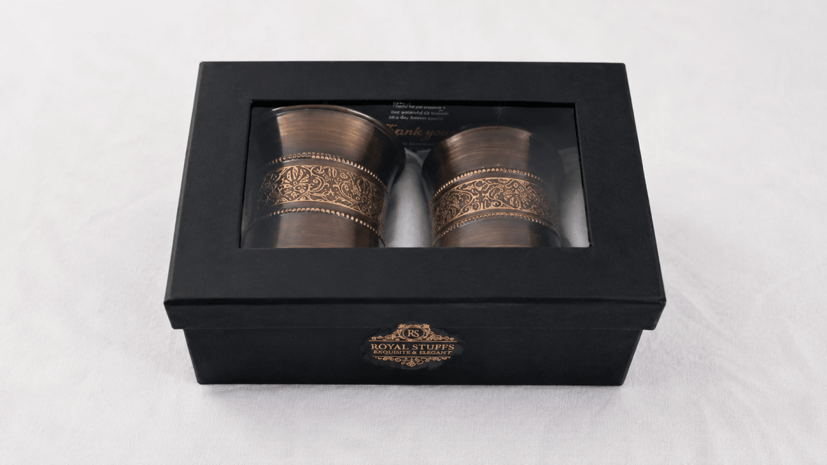 ROYALSTUFFS Pure Copper Water Glass Set of 2 Brown Antique Engraved Tumbler Capacity 300ML With Box - Royalstuffs.com