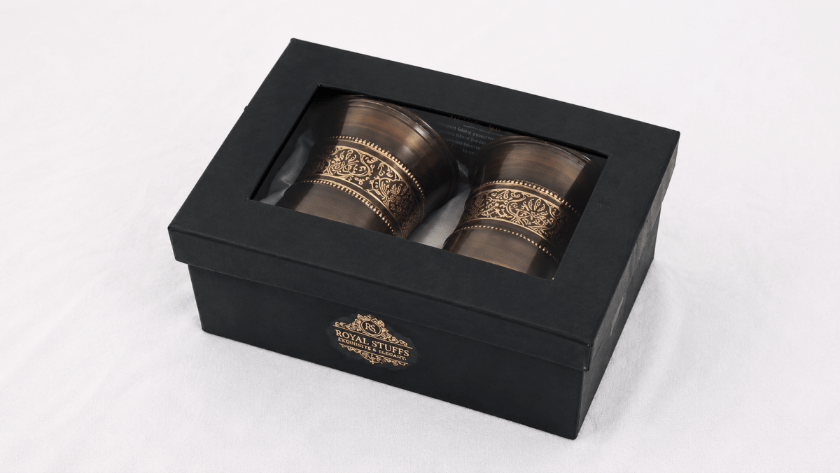 ROYALSTUFFS Pure Copper Water Glass Set of 2 Brown Antique Engraved Tumbler Capacity 300ML With Box - Royalstuffs.com