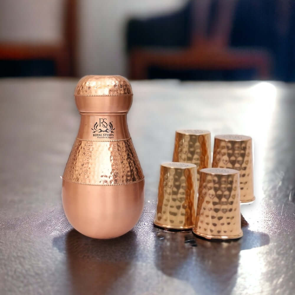 ROYALSTUFFS Pure Copper Water Vessel Bottle with 4 Glasses | Copper Drinking Water Bedroom Carafe |Leak Proof -1600ml - Royalstuffs.com