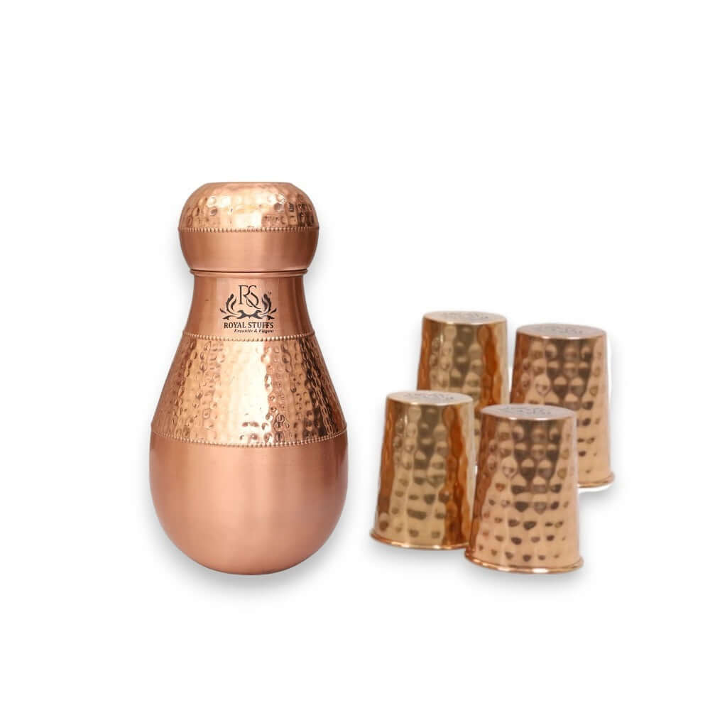 ROYALSTUFFS Pure Copper Water Vessel Bottle with 4 Glasses | Copper Drinking Water Bedroom Carafe |Leak Proof -1600ml - Royalstuffs.com