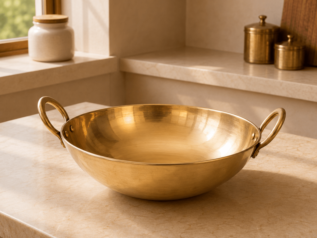 RoyalStuffs Pure Kansa Kadai with Broad Handles – Handmade Bronze Kadhai for Traditional Cooking (80:20 Certified Bronze) - Royalstuffs.com