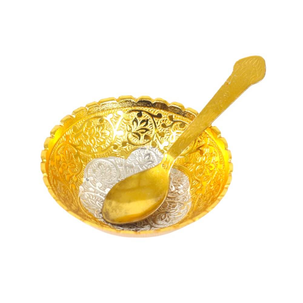ROYALSTUFFS Pure Silver Plated Gold Polished, Set of Designer 1 Bowl with 1 Spoon with Velvet Box - Royalstuffs.com