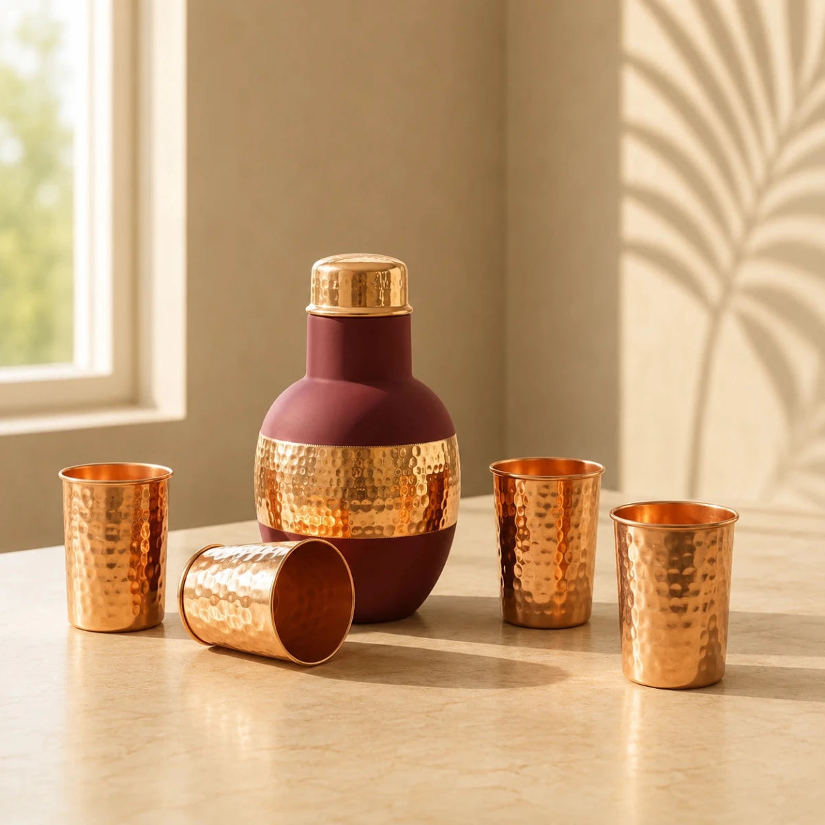 ROYALSTUFFS Satin Coated Pure Copper Water Bottle with 4 Copper Hammered Glass Antique Elegant Design Leak Proof Bedside Carafe -1250 ML - Royalstuffs.com