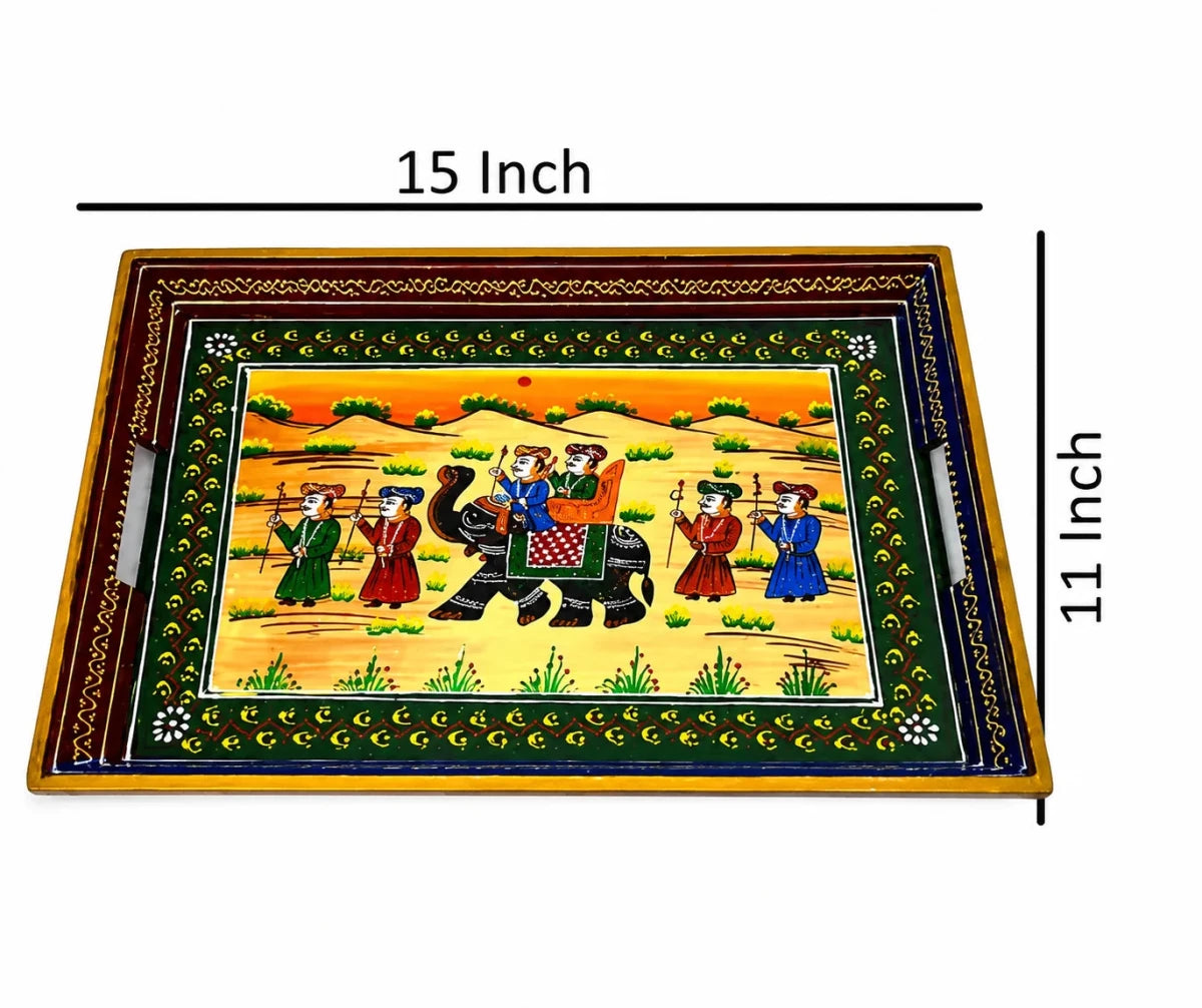ROYALSTUFFS Serving Tray, set of 3, made of mango wood, Rajasthani painting, size 15″, 14″, 13″ - Royalstuffs.com
