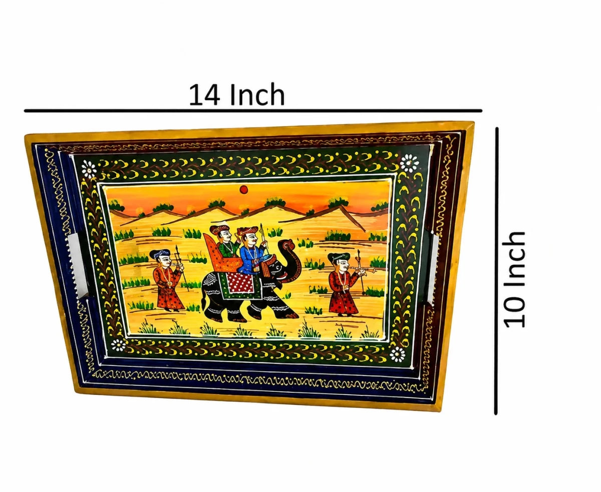ROYALSTUFFS Serving Tray, set of 3, made of mango wood, Rajasthani painting, size 15″, 14″, 13″ - Royalstuffs.com