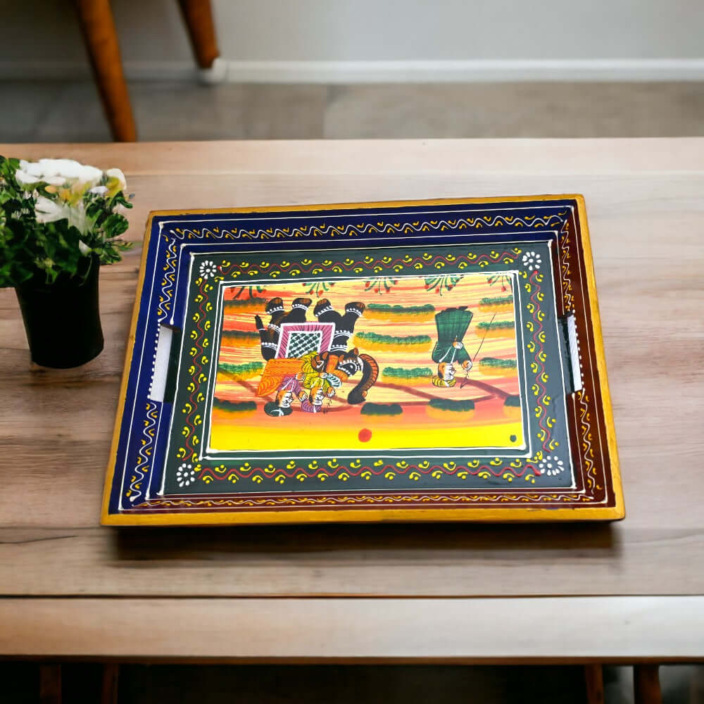 ROYALSTUFFS Serving Tray, set of 3, made of mango wood, Rajasthani painting, size 15″, 14″, 13″ - Royalstuffs.com