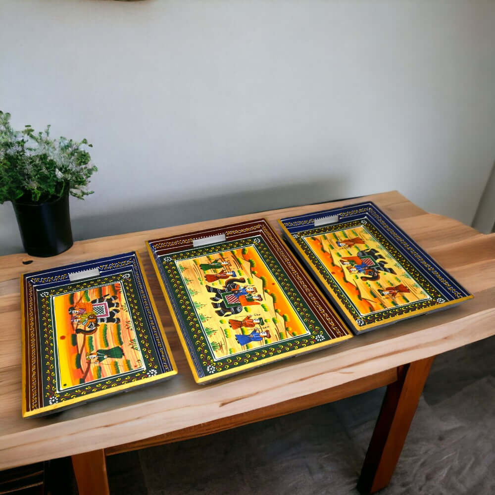 ROYALSTUFFS Serving Tray, set of 3, made of mango wood, Rajasthani painting, size 15″, 14″, 13″ - Royalstuffs.com