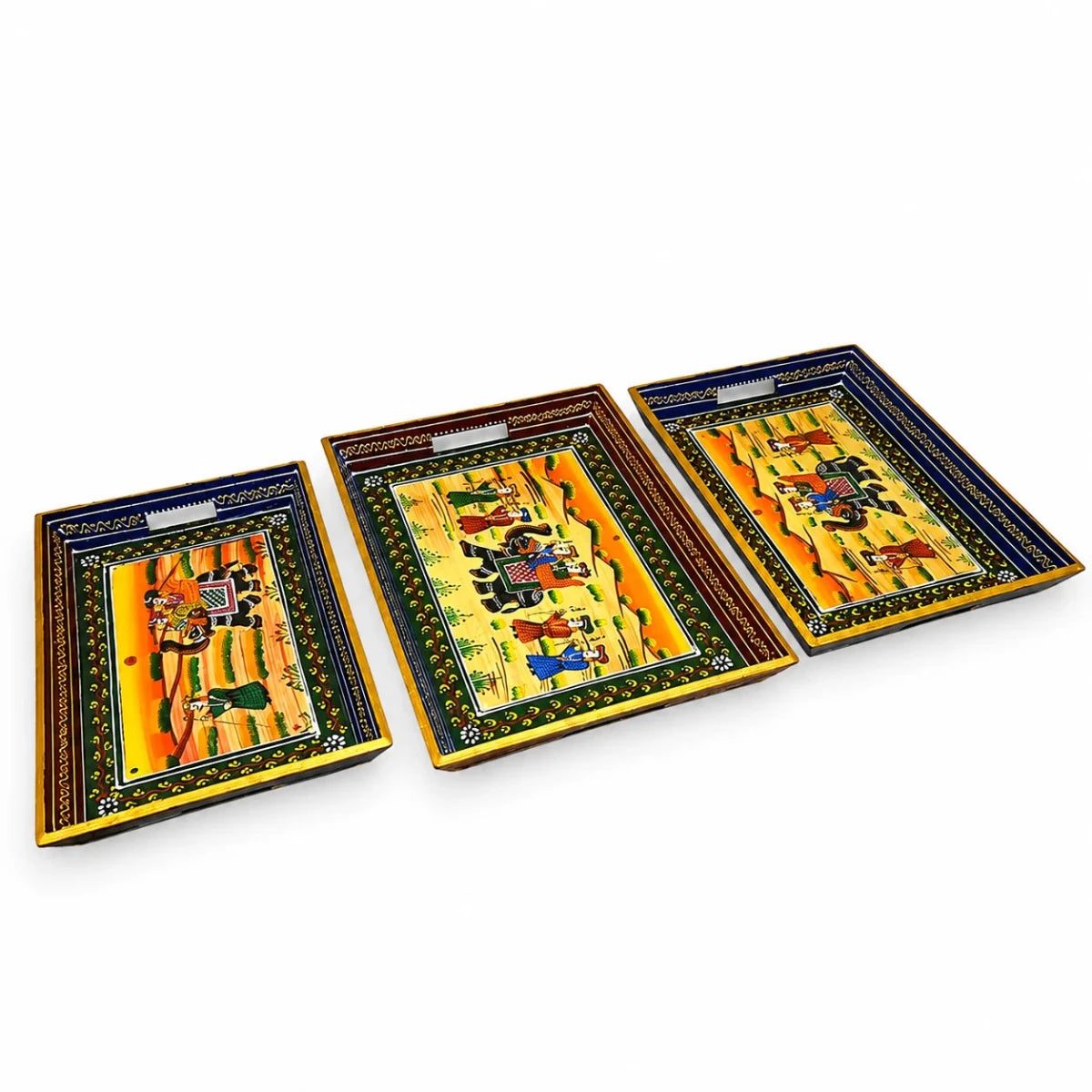 ROYALSTUFFS Serving Tray, set of 3, made of mango wood, Rajasthani painting, size 15″, 14″, 13″ - Royalstuffs.com