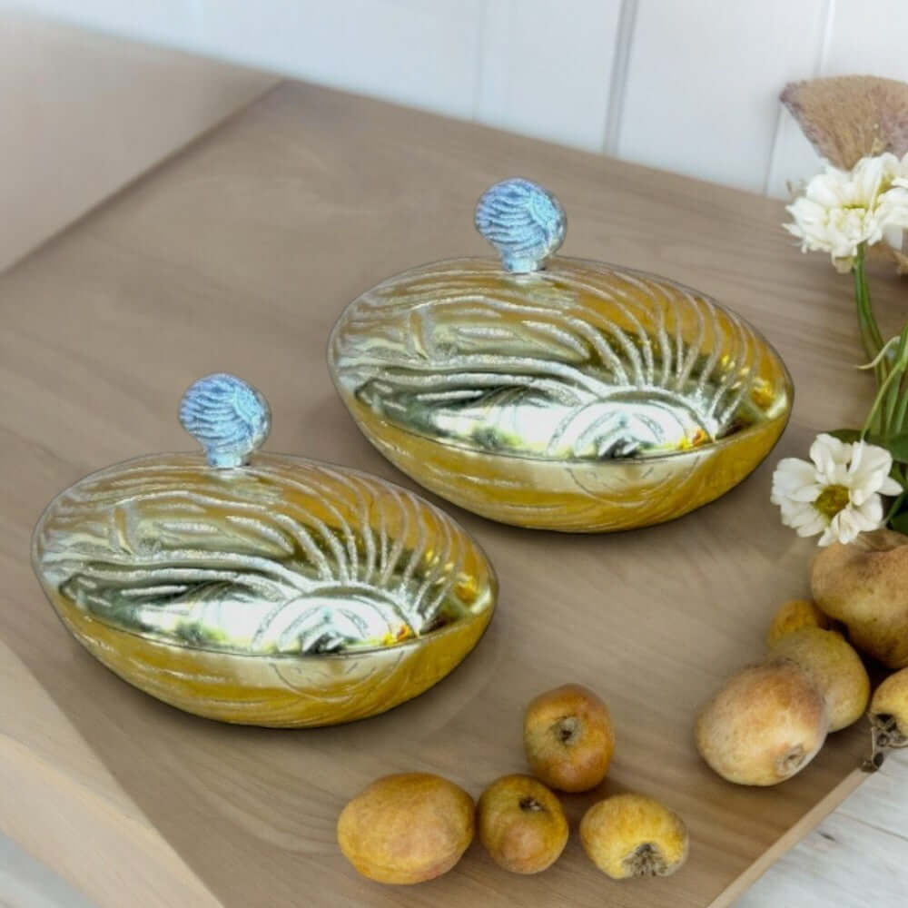RoyalStuffs Set of 2 Golden Handcrafted Almond Aluminum Dry Fruit Boxes - Royalstuffs.com