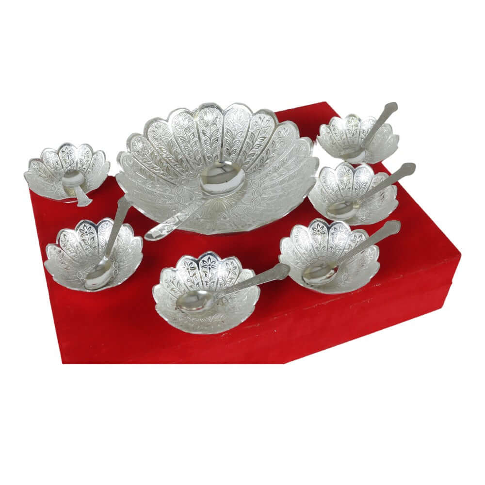ROYALSTUFFS Silver Plated Handmade Designer Set of 6 Small Bowl & 1 Big Bowl 6 Small Spoon & 1 Big Spoon With 1 Tray With Beautiful Red Velvet Box - Royalstuffs.com
