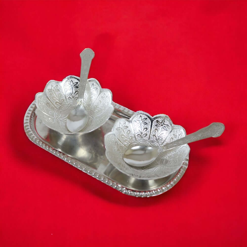 ROYALSTUFFS Silver Plated & Polished Lotus Design Set of 2 Bowl with 2 Spoon & 1 Tray, Diwali Festive Gifts Item - Royalstuffs.com