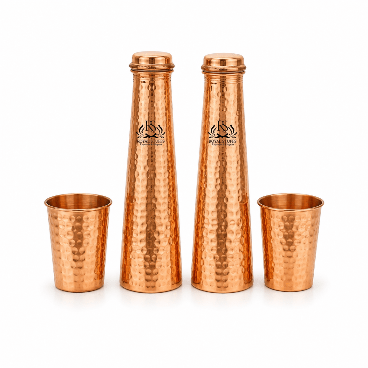 ROYALSTUFFS Tower Shape Copper Water Bottles and Tumbler Glasses | Combo Set of 4 Pcs of Drinkware Vessel || Handcrafted Ayurvedic || Leak Proof Lid – Smooth Finish 750 ML - Royalstuffs.com