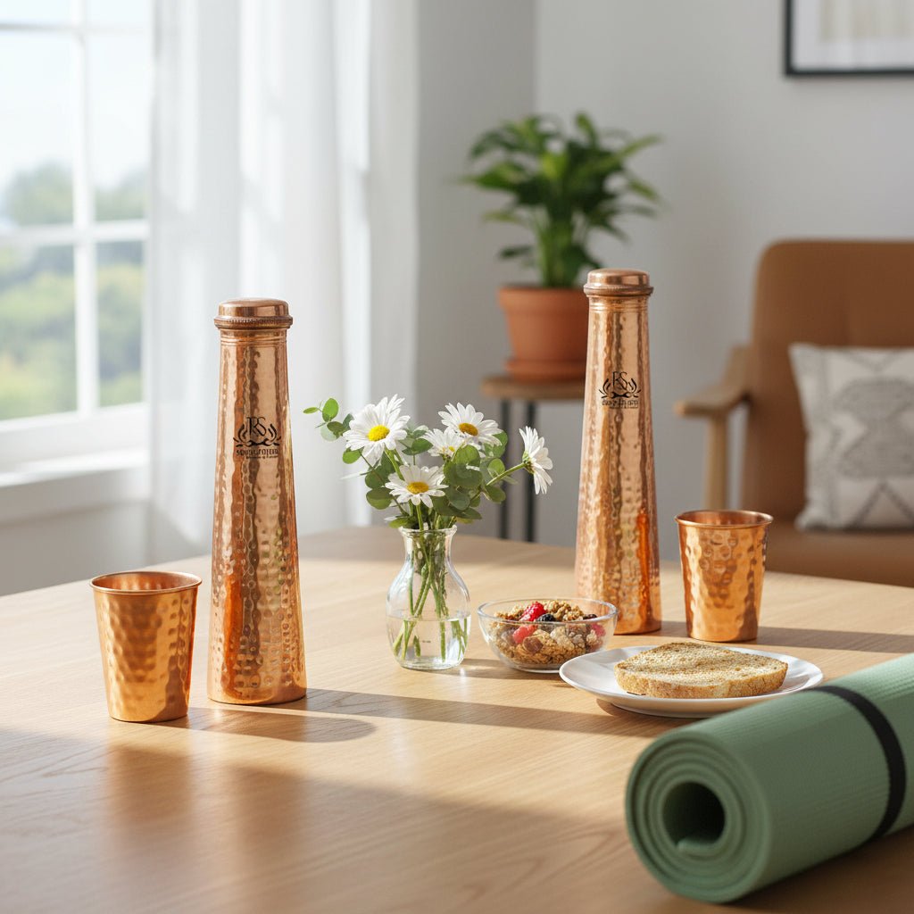 ROYALSTUFFS Tower Shape Copper Water Bottles and Tumbler Glasses | Combo Set of 4 Pcs of Drinkware Vessel || Handcrafted Ayurvedic || Leak Proof Lid – Smooth Finish 750 ML - Royalstuffs.com