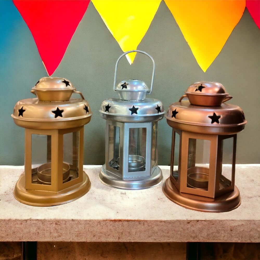 ROYALSTUFFS Trio Star Lantern – 6 inch Gold, Silver, Rose – 226 Gram Each - Royalstuffs.com