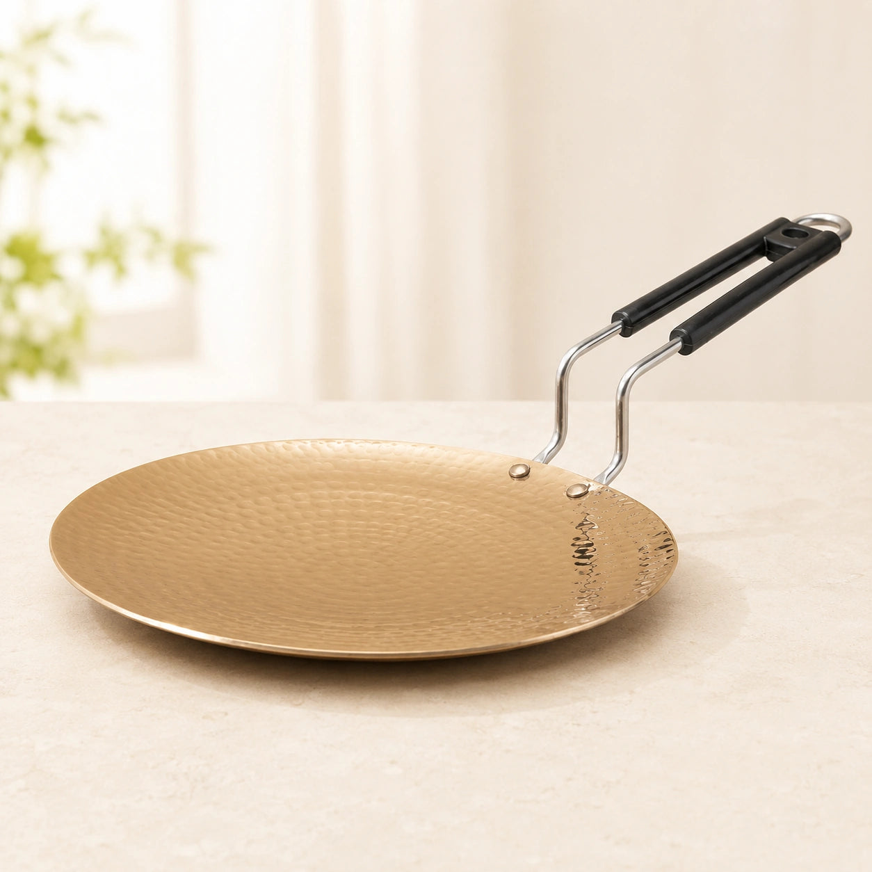 Handcrafted Hammered Brass Tawa with Broad Handle | RoyalStuffs