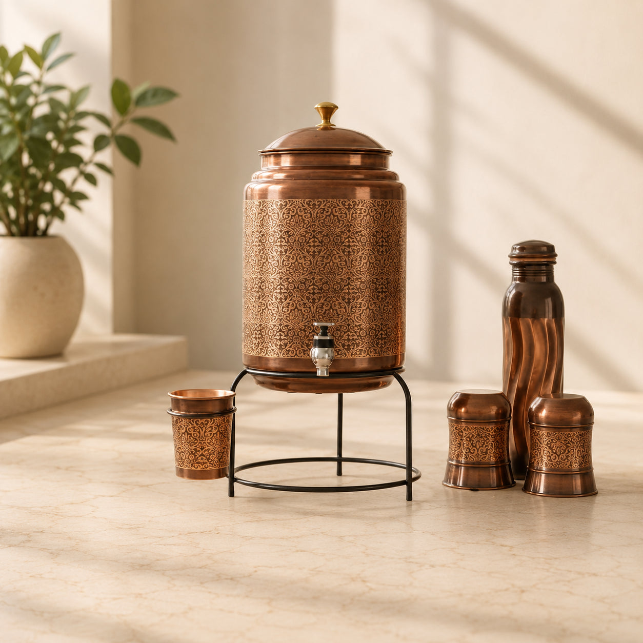 ROYALSTUFFS 8 Liter Copper Embossed Black Water Dispenser Tank + 3 Glass & Stand with 1000 Ml Copper Bottle Handmade Copper Container | Anniversary, Birthday, Wedding Etc.