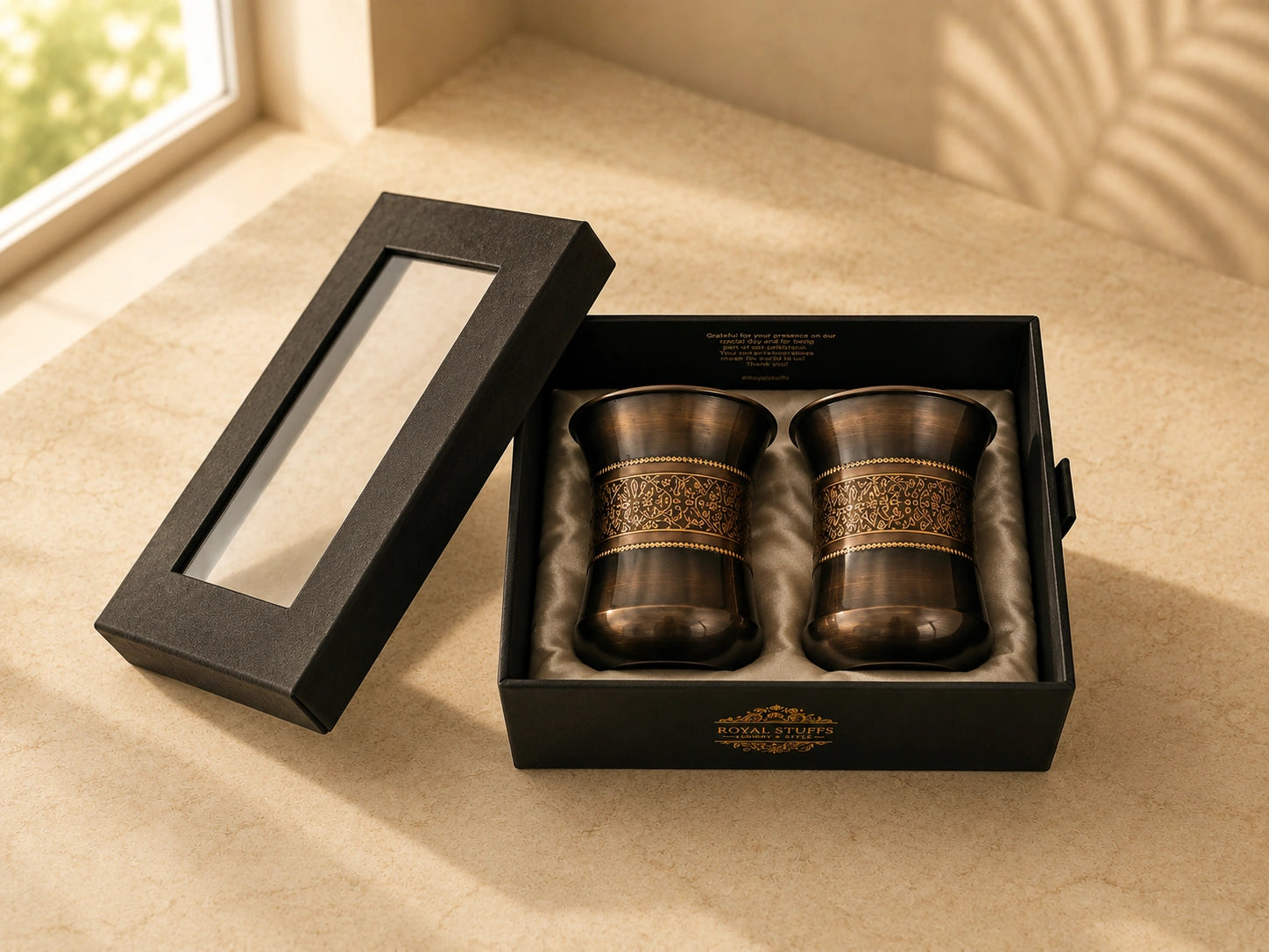 ROYALSTUFFS Pure Copper Water Glass Set of 2 Brown Antique Engraved Tumbler Capacity 300ML With Box