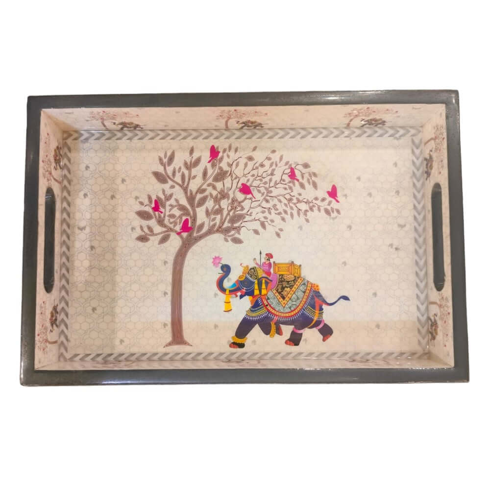 ROYALTUFFS MDF Rectangle Tray Set Of 3 – S/M/L Sizes – Epoxy Coated – Elephant Design (Off White) - Royalstuffs.com
