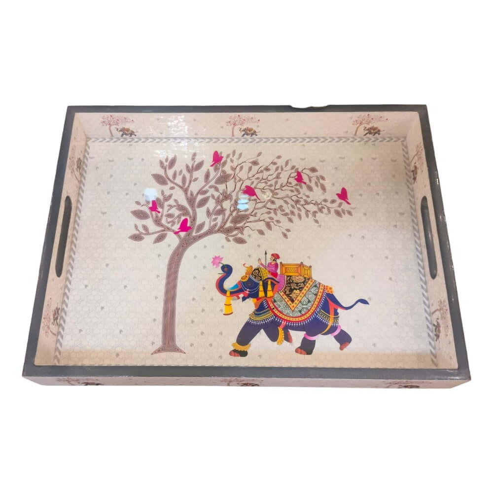 ROYALTUFFS MDF Rectangle Tray Set Of 3 – S/M/L Sizes – Epoxy Coated – Elephant Design (Off White) - Royalstuffs.com