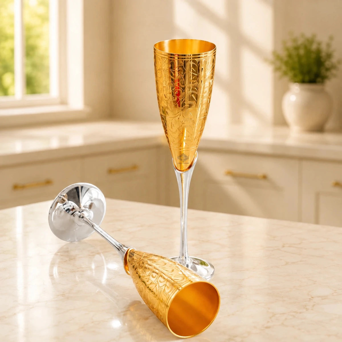 Set of 2 Golden Plated Brass Wine Glass, Metal Goblet, Champagne Flute - Royalstuffs.com