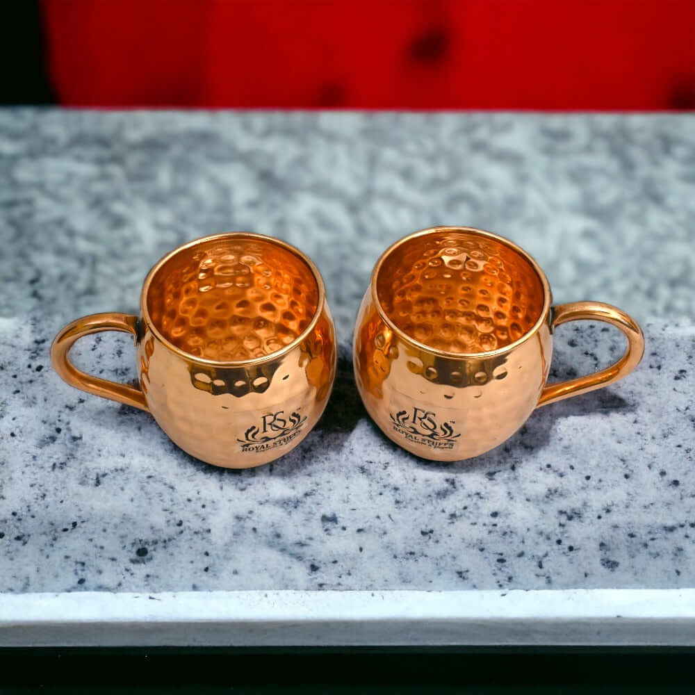 2 Handcrafted Solid Copper Moscow Mule Mugs Set, 350g Weight, Unlined Cups - Royalstuffs.com