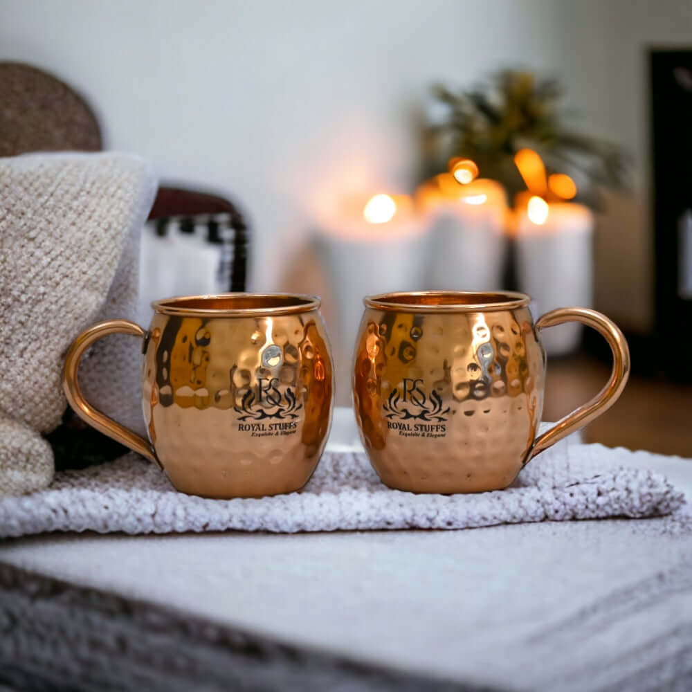 2 Handcrafted Solid Copper Moscow Mule Mugs Set, 350g Weight, Unlined Cups - Royalstuffs.com