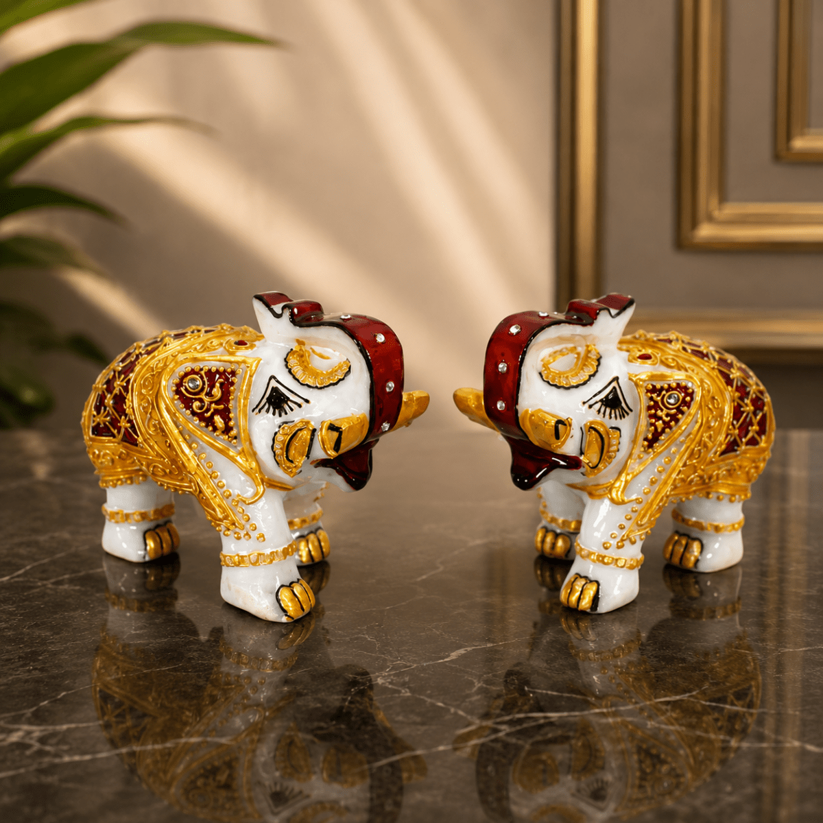 Set of 2 Marble Elephant Showpiece - For Home, Living Room & Table Decor - (4 Inch - Height) - Royalstuffs.com