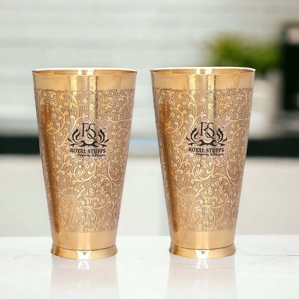 Set of 2 Pure Brass Lassi Glasses (600 ml Each) – Embossed Traditional Design - Royalstuffs.com