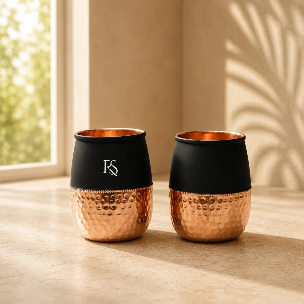 Set of 2 Silk Black Half Hammered Dholak Tumbler Pure Copper Water Glass Capacity 250ML - Royalstuffs.com